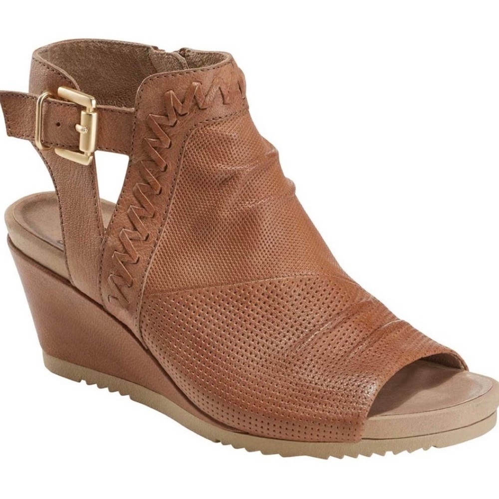 NIB Earth Attalea Bonaire 8M Peep Toe Open Heel Wedge Bootie Sandal Ginger